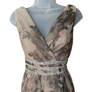 R&M Richards Formal Taupe Gold Metallic Maxi Dress Size 8 Floral Rhinestones